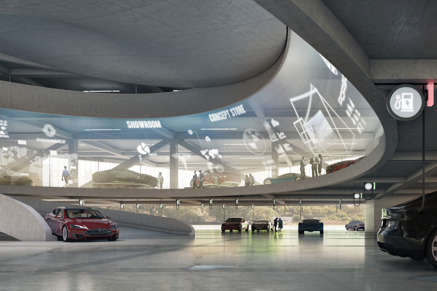 Fotos zu dieser Medienmappe, Der Swiss E-Mobility Hub bietet ein Servicecenter mit 280 Ladestationen für Elektroautos und einen neuartigen Marktüberblick. Führende Hersteller von Elektroautos präsentieren in Concept Stores ihre neusten Modelle. © Copyright EBL / Berrel Berrel Kräutler Architekten| Digitale Medienmappe «Swiss E-Mobility Hub: Innovationszentrum mit Europas grösster Ladestation und 100% lokaler erneuerbarer Energie», EBL (Genossenschaft Elektra Baselland)