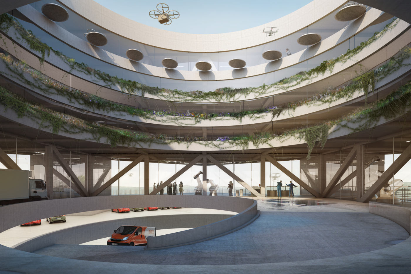 Fotos zu dieser Medienmappe, Das Gebäude bildet eine neuartige Typologie, die auf die Bedürfnisse der Elektromobilität und auf neuzeitliche Arbeitsmodelle antwortet. Der Swiss E-Mobility Hub bietet ein Atelier für For-schung, Gewerbe und Veranstaltungen sowie Büroflächen und Co-Working-Spaces. © Copyright EBL / Berrel Berrel Kräutler Architekten| Digitale Medienmappe «Swiss E-Mobility Hub: Innovationszentrum mit Europas grösster Ladestation und 100% lokaler erneuerbarer Energie», EBL (Genossenschaft Elektra Baselland)