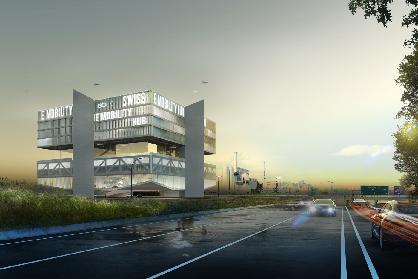 Fotos zu dieser Medienmappe, Die Erscheinung des Swiss E-Mobility Hub ist offen und zukunftsweisend. Die Fassade gliedert sich durch die unterschiedlichen Geschosshöhen und durch die diversen statischen Strukturen und Energiefassaden. © Copyright EBL / Berrel Berrel Kräutler Architekten| Digitale Medienmappe «Swiss E-Mobility Hub: Innovationszentrum mit Europas grösster Ladestation und 100% lokaler erneuerbarer Energie», EBL (Genossenschaft Elektra Baselland)