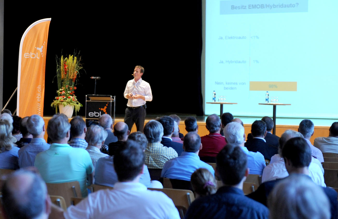 Fotos zu dieser Medienmappe, Tobias Andrist, Mitglied der Geschäftsleitung EBL, an der Informationsveranstaltung. © Copyright Pino Covino| Digitale Medienmappe «Ein starkes Zeichen für die Elektromobilität im Baselbiet», EBL (Genossenschaft Elektra Baselland)