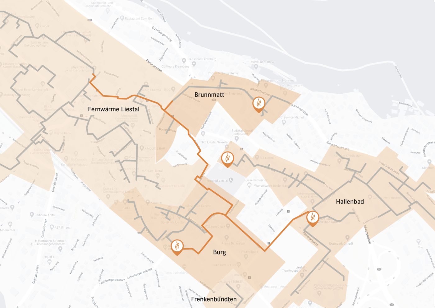Medienbilder, Als zweiter Schritt werden die Wärmeverbünde Burg, Brunnmatt und Hallenbad an die modernisierte Heizzentrale angeschlossen. Der Grosswärmeverbund Liestal wird nach Ausbau und Zusammenschluss rund 31 Kilometer umfassen. © Copyright EBL| Digitale Medienmappe «Operation am offenen Herzen – EBL baut für 72 Millionen Franken den Grosswärmeverbund Liestal», EBL (Genossenschaft Elektra Baselland)