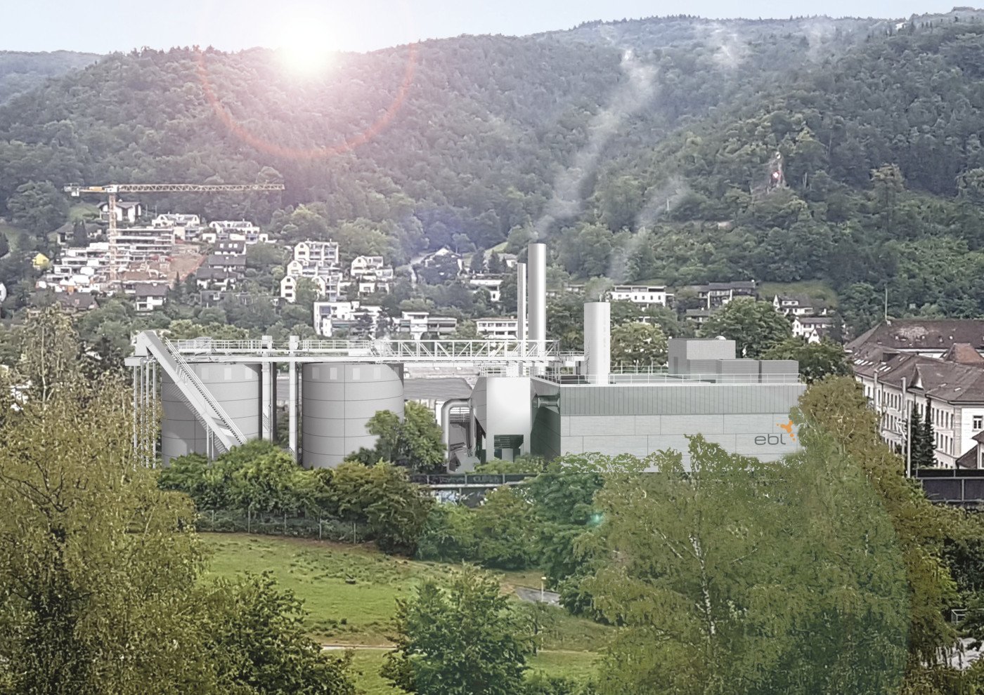 Medienbilder, Mit der Fassade aus Betonelementen in Holzoptik und dem Lichtband im Dachbereich erfüllt die neue Heizzentrale die Anforderungen der Stadtbildkommission.
 © Copyright EBL| Digitale Medienmappe «Operation am offenen Herzen – EBL baut für 72 Millionen Franken den Grosswärmeverbund Liestal», EBL (Genossenschaft Elektra Baselland)