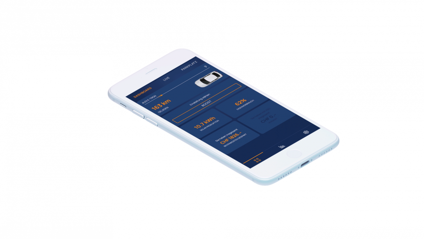 Pressebilder, Mit der sun2wheel App lässt sich der Lade- und Entladevorgang von Elektroautos einfach steuern. © Copyright | Digitale Medienmappe «Zwei Schweizer Energie-Startups spannen im Bereich Elektromobilität und Eigenverbrauchsoptimierung zusammen», sun2wheel AG