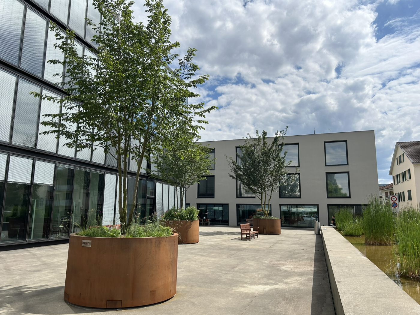 Aktuelle Projektbeispiele von Mobile Green, Einsatz in der Gemeinde Reinach (BL) mit über 20'000 Einwohnern: Auf dem Platz vor der Gemeindeverwaltung sind seit dem 26.02.2024 fünf der Mobile Green Trogsysteme mit einem Wassertankvolumen von 540 Liter im Einsatz. © Copyright Bauer Baumschulen| Digitale Medienmappe «Mobile Begrünungen schützen Städte vor Überhitzung – Schweizer Innovation zum Patent angemeldet», Bauer Baumschulen