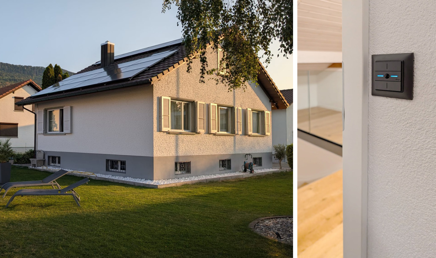 Aktuelle Referenzprojekte, Einfamilienhaus in Egerkingen. Durch den Einsatz von dingz konnte bei der Renovation der vorhandene Platzbedarf optimal genutzt werden und ein Objekt aus dem Jahr 1960 in ein smartes Gebäude entwickelt werden. © Copyright iolo AG| Digitale Medienmappe «Patentierte Schweizer Gebäudesteuerung für Neu- und Bestandsbauten», dingz by iolo AG